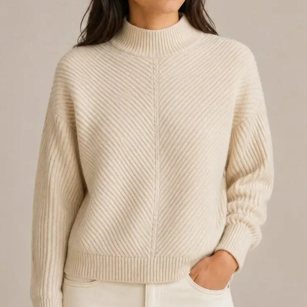Marine Layer Skylar Cream Cotton Wool Chevron Knit Mockneck Sweater Size S